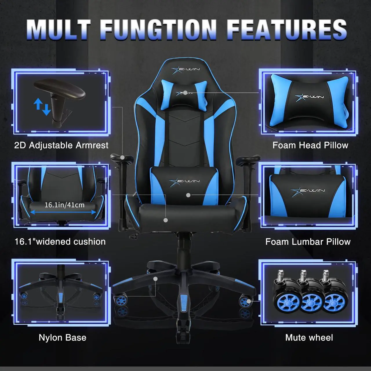 Alt view image 5 of 7 - E-WIN 400lb Gaming Chair ,Office Chair High Back Computer Chair Ergonomic Gaming Chair  Adjustable Armrest with Lumbar Support and Headrest-Black/Blue