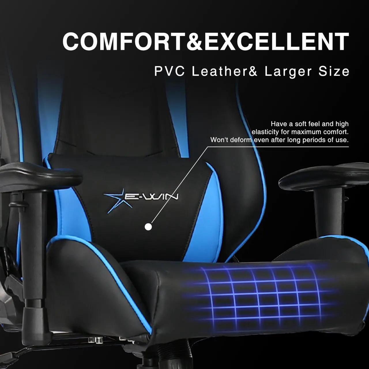 Alt view image 6 of 7 - E-WIN 400lb Gaming Chair ,Office Chair High Back Computer Chair Ergonomic Gaming Chair  Adjustable Armrest with Lumbar Support and Headrest-Black/Blue