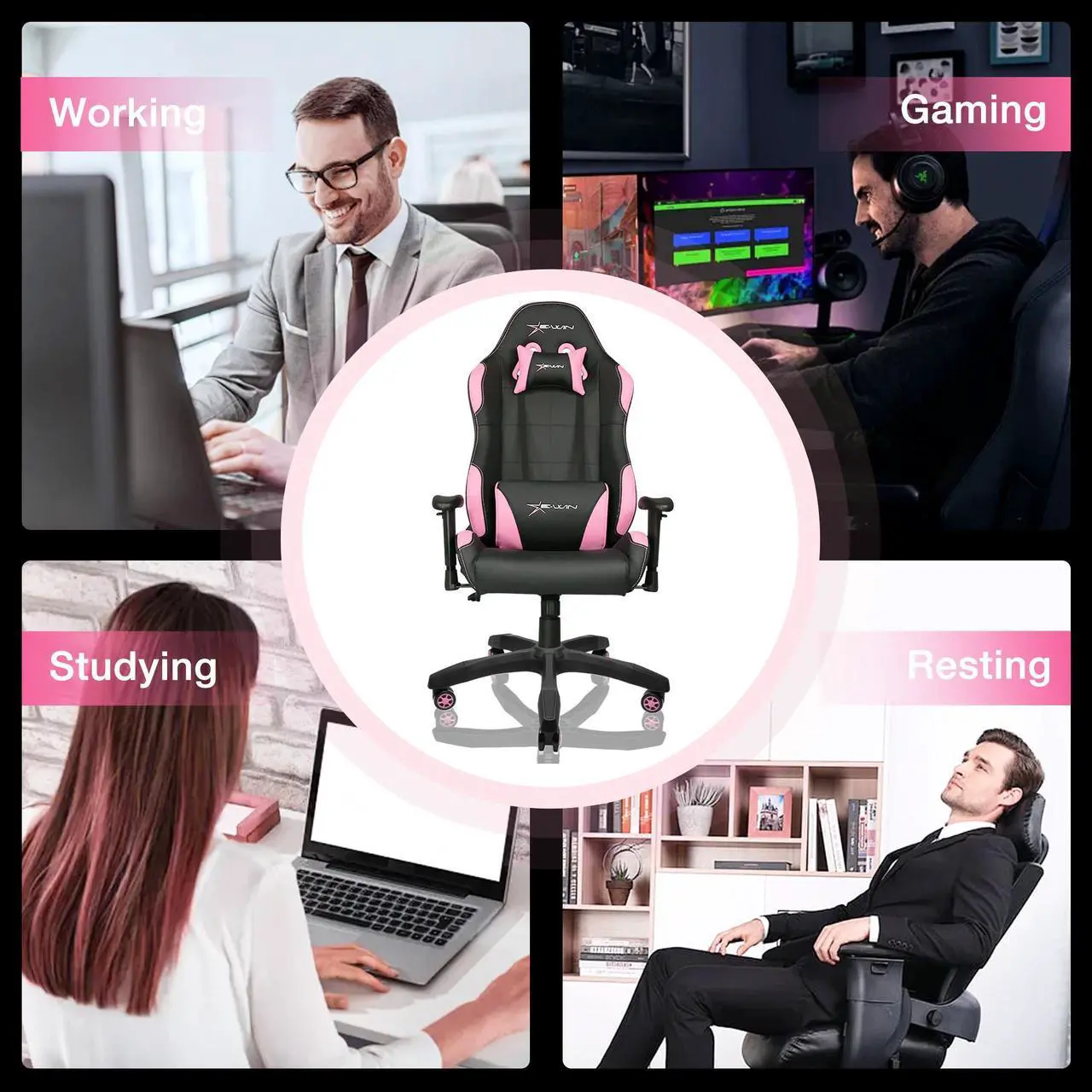 Alt view image 7 of 7 - E-WIN 400LB Gaming Chair Computer Chair,Big and Tall Gamer Chair for Adults,High Back Gaming Chair with Headrest and Lumbar Support -Black/Pink