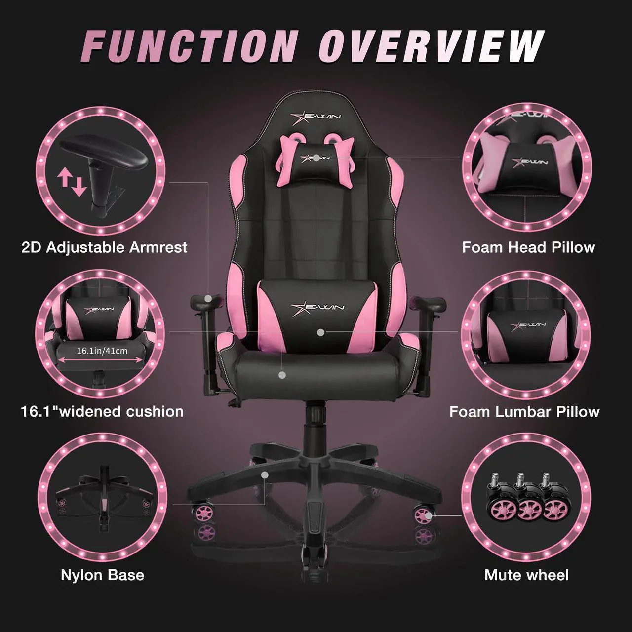 Alt view image 6 of 7 - E-WIN 400LB Gaming Chair Computer Chair,Big and Tall Gamer Chair for Adults,High Back Gaming Chair with Headrest and Lumbar Support -Black/Pink
