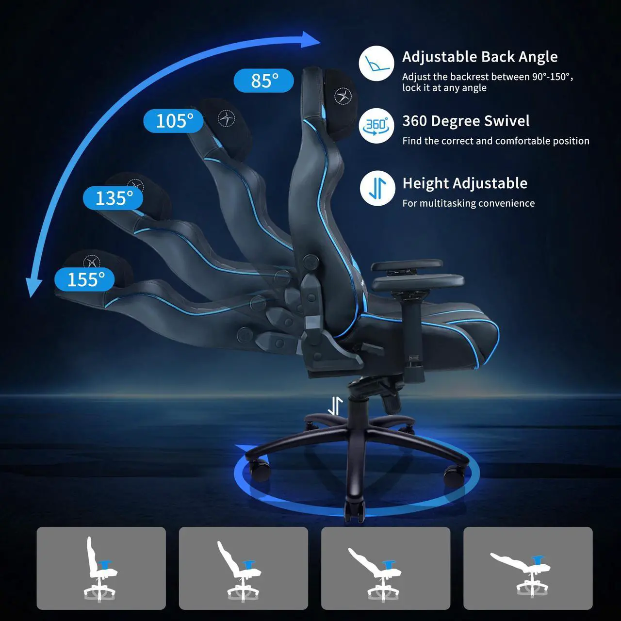 Alt view image 2 of 7 - E-WIN 550LB Ergonomic Gaming Chair,Big and Tall Computer Chair for Heavy People,Office Chair with Magnetic Head Pillow-Black/Blue