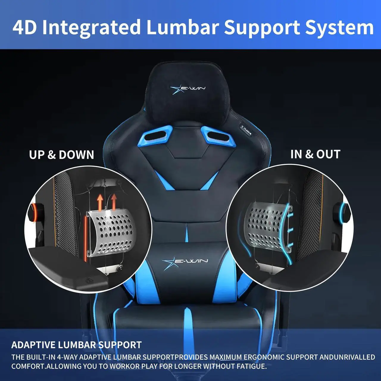 Alt view image 3 of 7 - E-WIN 550LB Ergonomic Gaming Chair,Big and Tall Computer Chair for Heavy People,Office Chair with Magnetic Head Pillow-Black/Blue