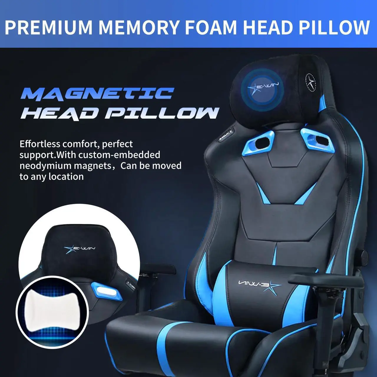 Alt view image 5 of 7 - E-WIN 550LB Ergonomic Gaming Chair,Big and Tall Computer Chair for Heavy People,Office Chair with Magnetic Head Pillow-Black/Blue