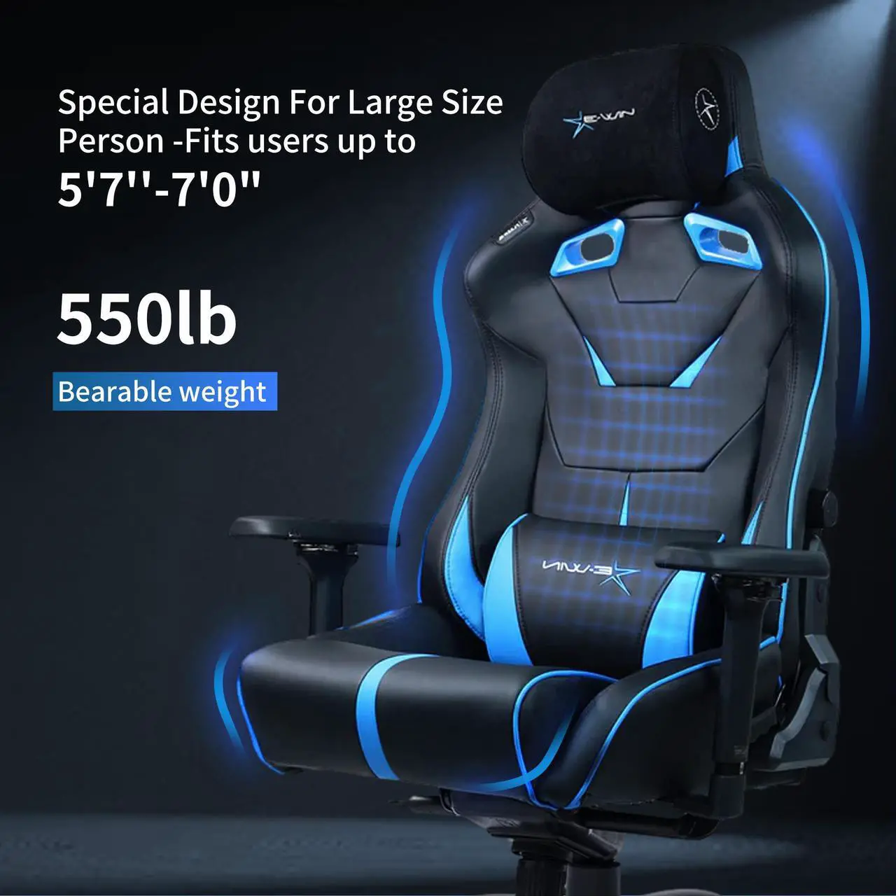 Alt view image 4 of 7 - E-WIN 550LB Ergonomic Gaming Chair,Big and Tall Computer Chair for Heavy People,Office Chair with Magnetic Head Pillow-Black/Blue