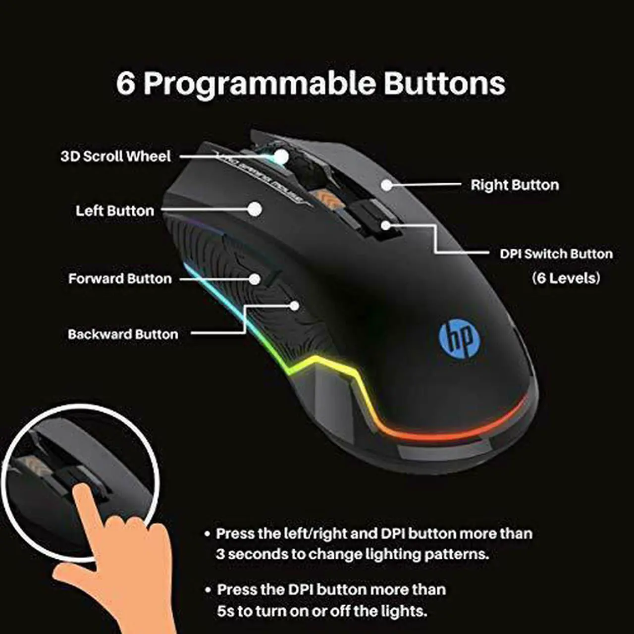 Alt view image 3 of 11 - HP Wired Gaming Mouse LED RGB Backlit Adjustable 6200 DPI 6 Programmable Buttons Ergonomic USB Mice for Gamers