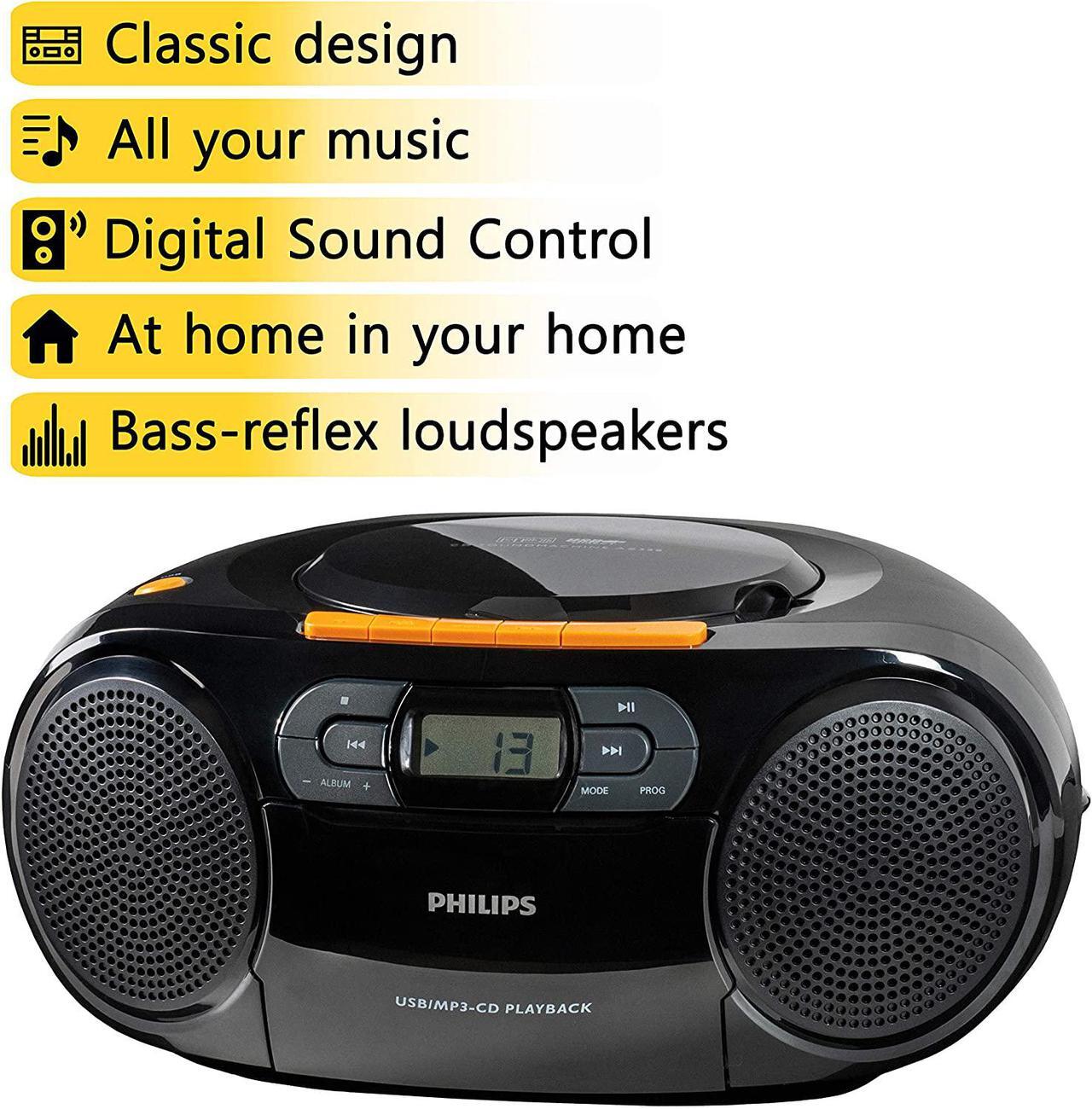 Alt view image 5 of 7 - Philips Stereo CD Cassette Player, Portable Boombox, USB, FM, MP3, Tape, AZ328