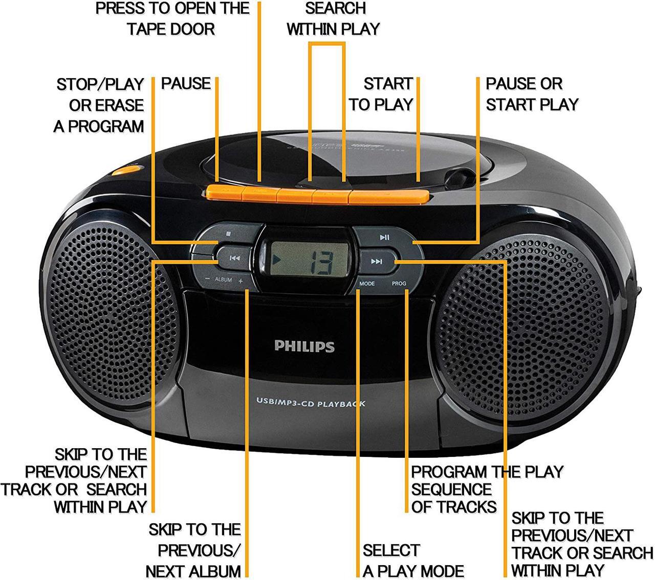 Alt view image 2 of 7 - Philips Stereo CD Cassette Player, Portable Boombox, USB, FM, MP3, Tape, AZ328