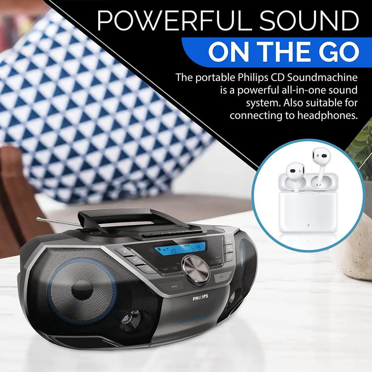 Alt view image 6 of 6 - Philips Portable Bluetooth Boombox CD Player with Cassette All in one Powerful Stereo Sound Machine for Home with mega Bass Reflex Speakers, Radio/USB / MP3/ AUX Input with Backlight LCD Display