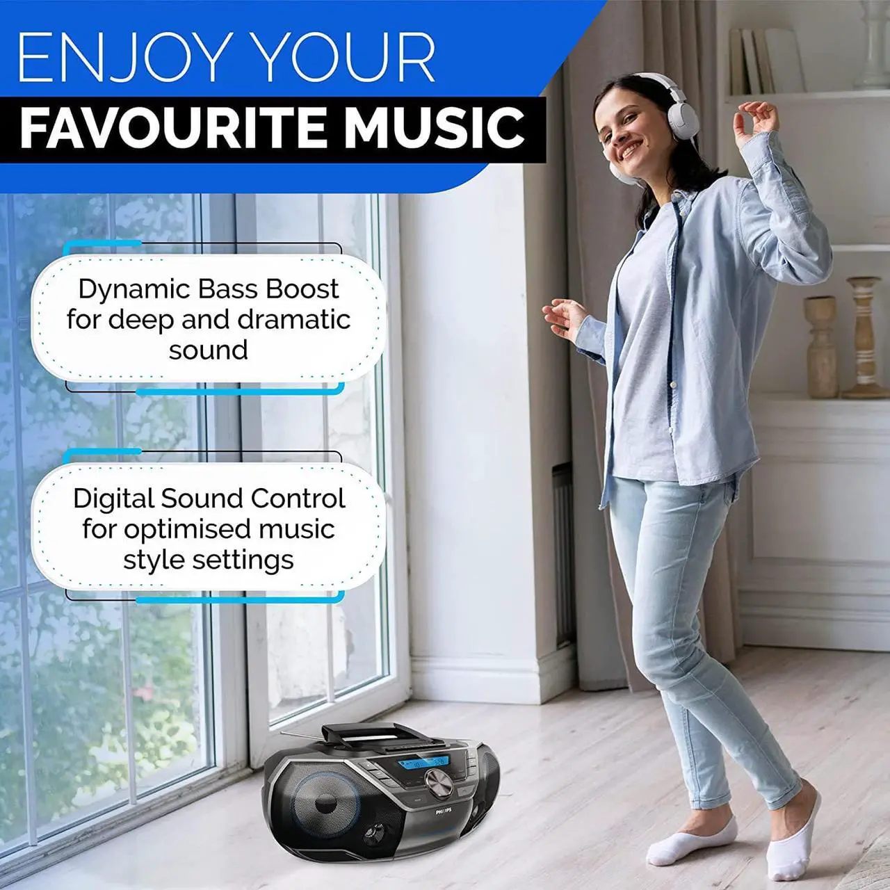 Alt view image 2 of 6 - Philips Portable Bluetooth Boombox CD Player with Cassette All in one Powerful Stereo Sound Machine for Home with mega Bass Reflex Speakers, Radio/USB / MP3/ AUX Input with Backlight LCD Display