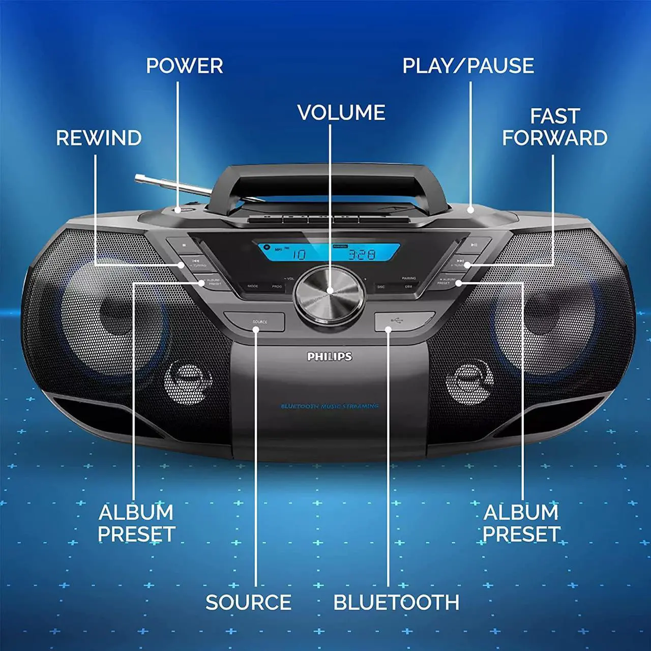 Alt view image 5 of 6 - Philips Portable Bluetooth Boombox CD Player with Cassette All in one Powerful Stereo Sound Machine for Home with mega Bass Reflex Speakers, Radio/USB / MP3/ AUX Input with Backlight LCD Display