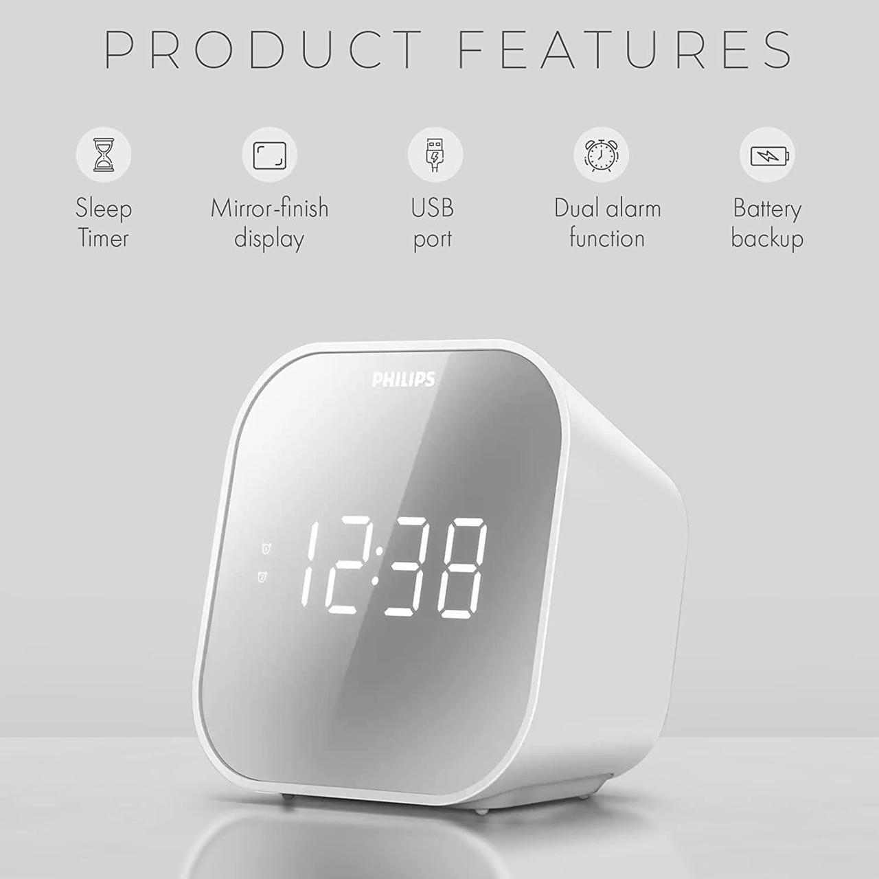 Alt view image 4 of 7 - PHILIPS Alarm Clock Radio with USB Charging Port, FM Radio Alarm Clock with Battery Backup, Clock Radios for Bedroom, USB Port, Dual Alarm Function, Sleep Timer, Easy Snooze and Mirror-Finish Display