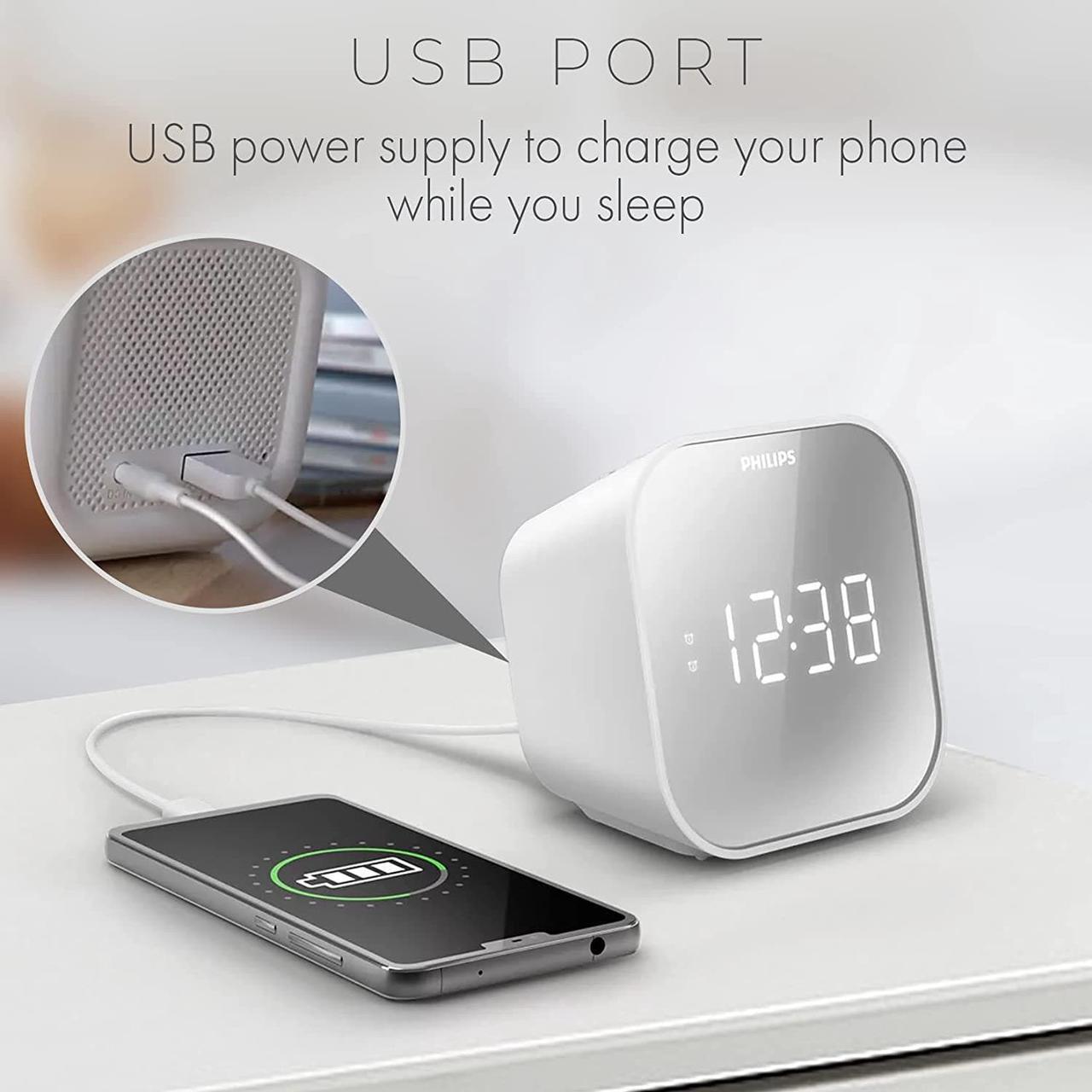 Alt view image 2 of 7 - PHILIPS Alarm Clock Radio with USB Charging Port, FM Radio Alarm Clock with Battery Backup, Clock Radios for Bedroom, USB Port, Dual Alarm Function, Sleep Timer, Easy Snooze and Mirror-Finish Display
