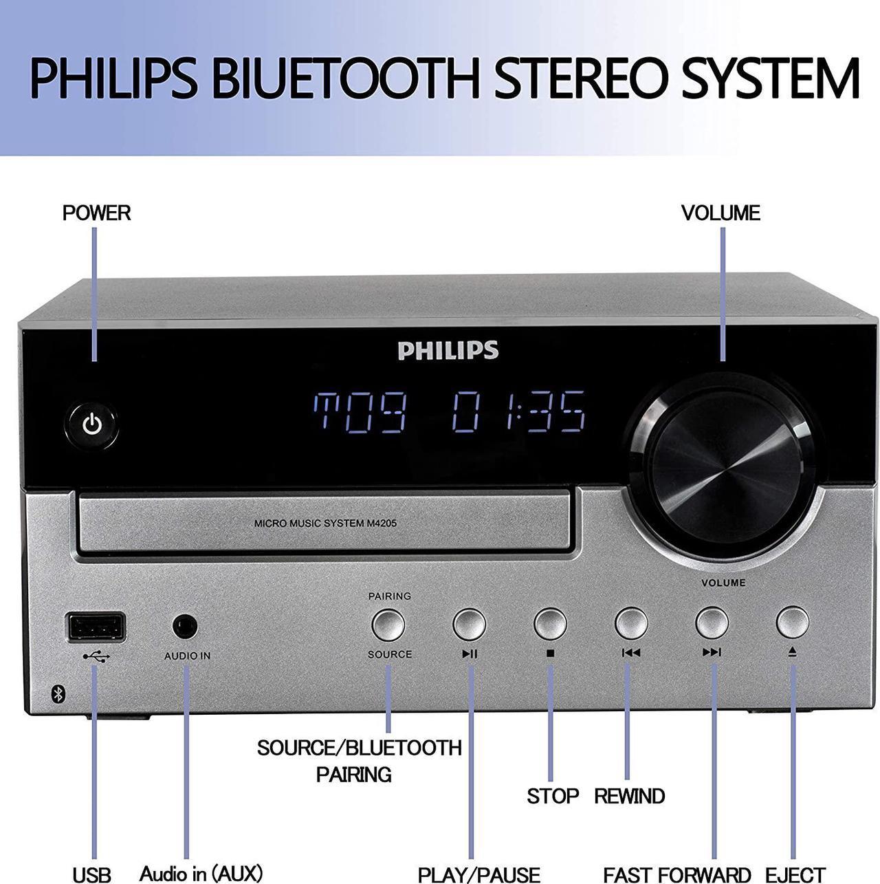 Alt view image 6 of 7 - PHILIPS Bluetooth Stereo System for Home with CD Player, MP3, USB, Audio in, FM Radio, Bass Reflex Speaker, 60W, Remote Control Included G