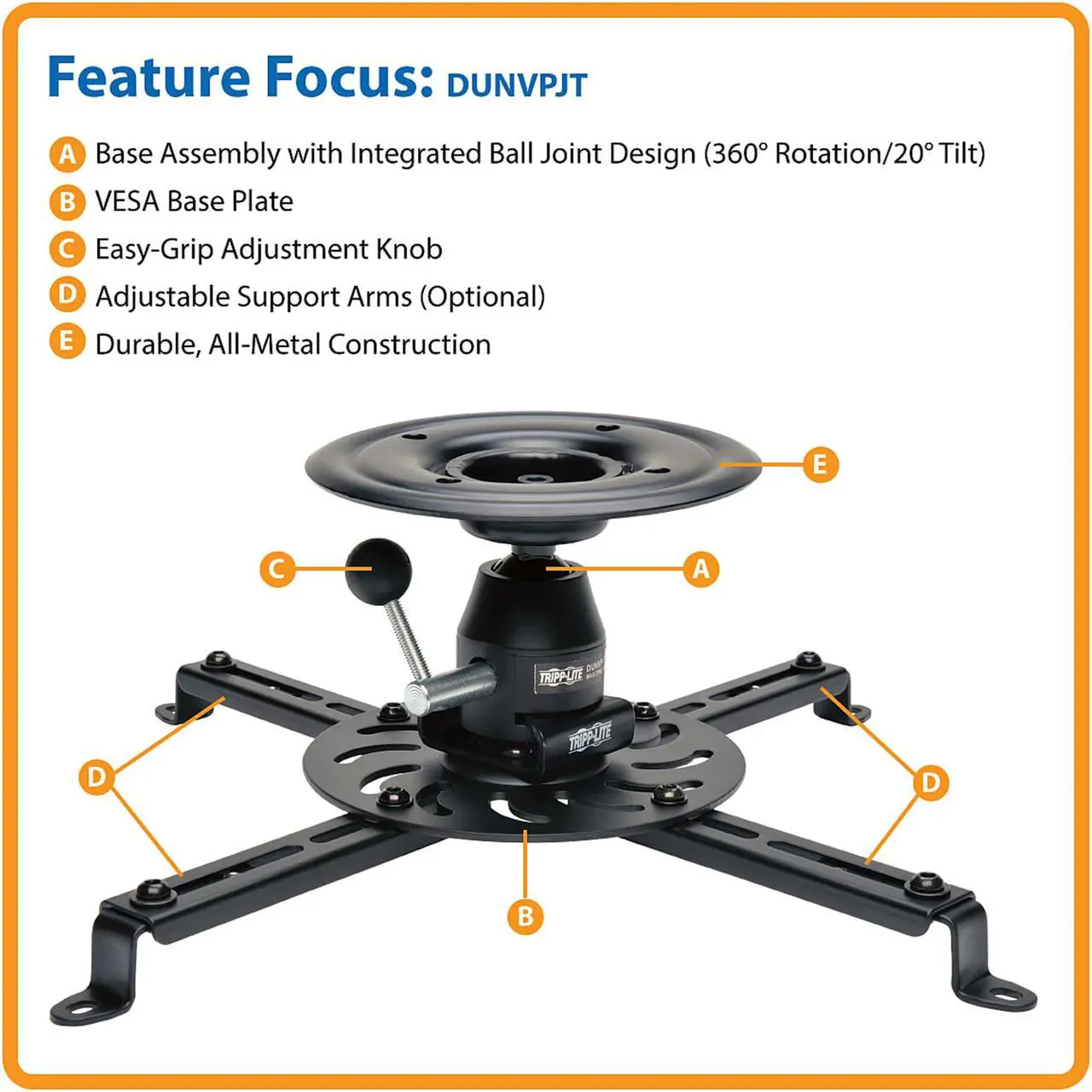 Alt view image 6 of 20 - Tripp Lite Full Motion Universal Ceiling Mount for Projectors (DUNVPJT)