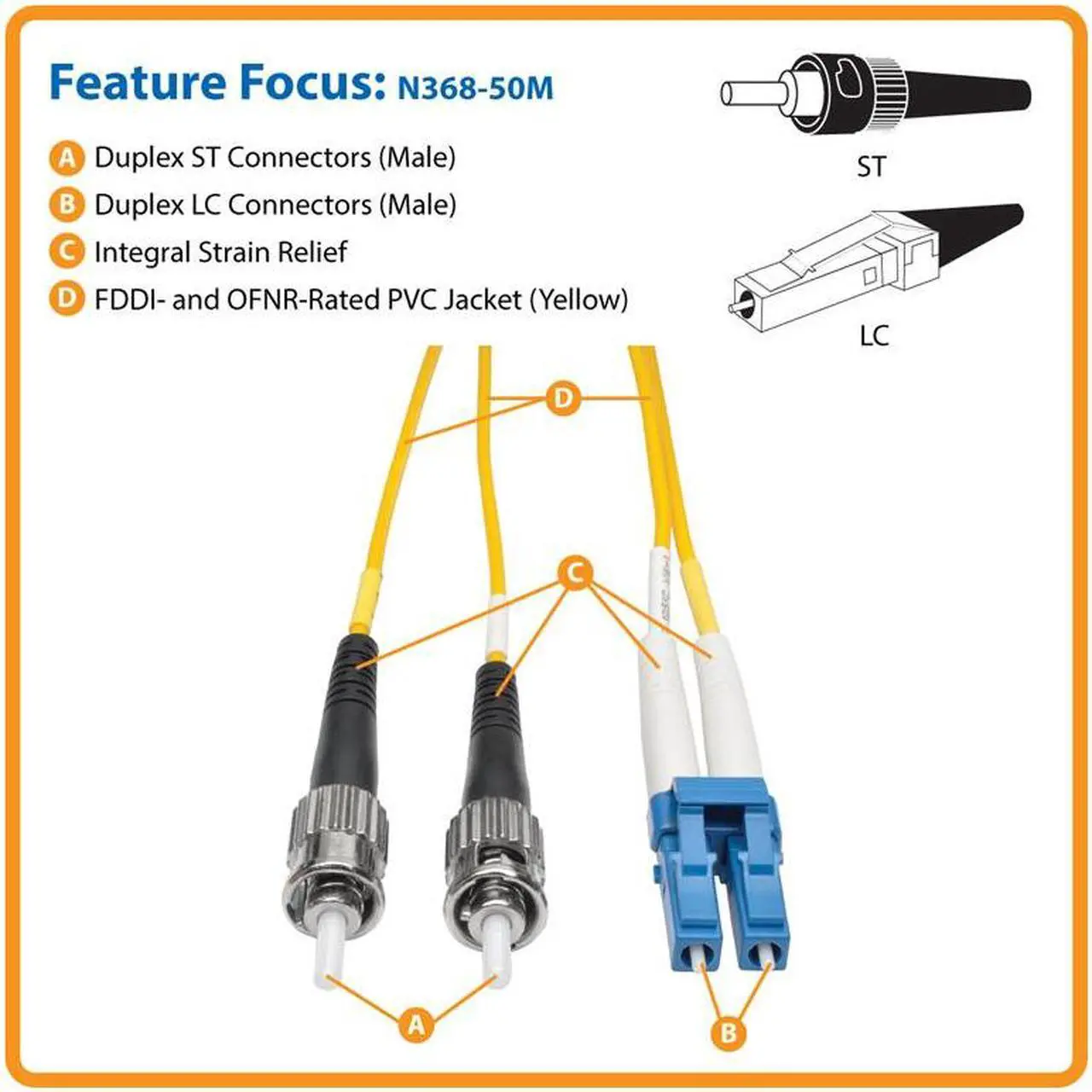 Alt view image 2 of 8 - Tripp Lite N368-50M 164 ft. 50M Duplex Singlemode SSF 8.3/125 Fiber Patch Cable LC/ST 164'