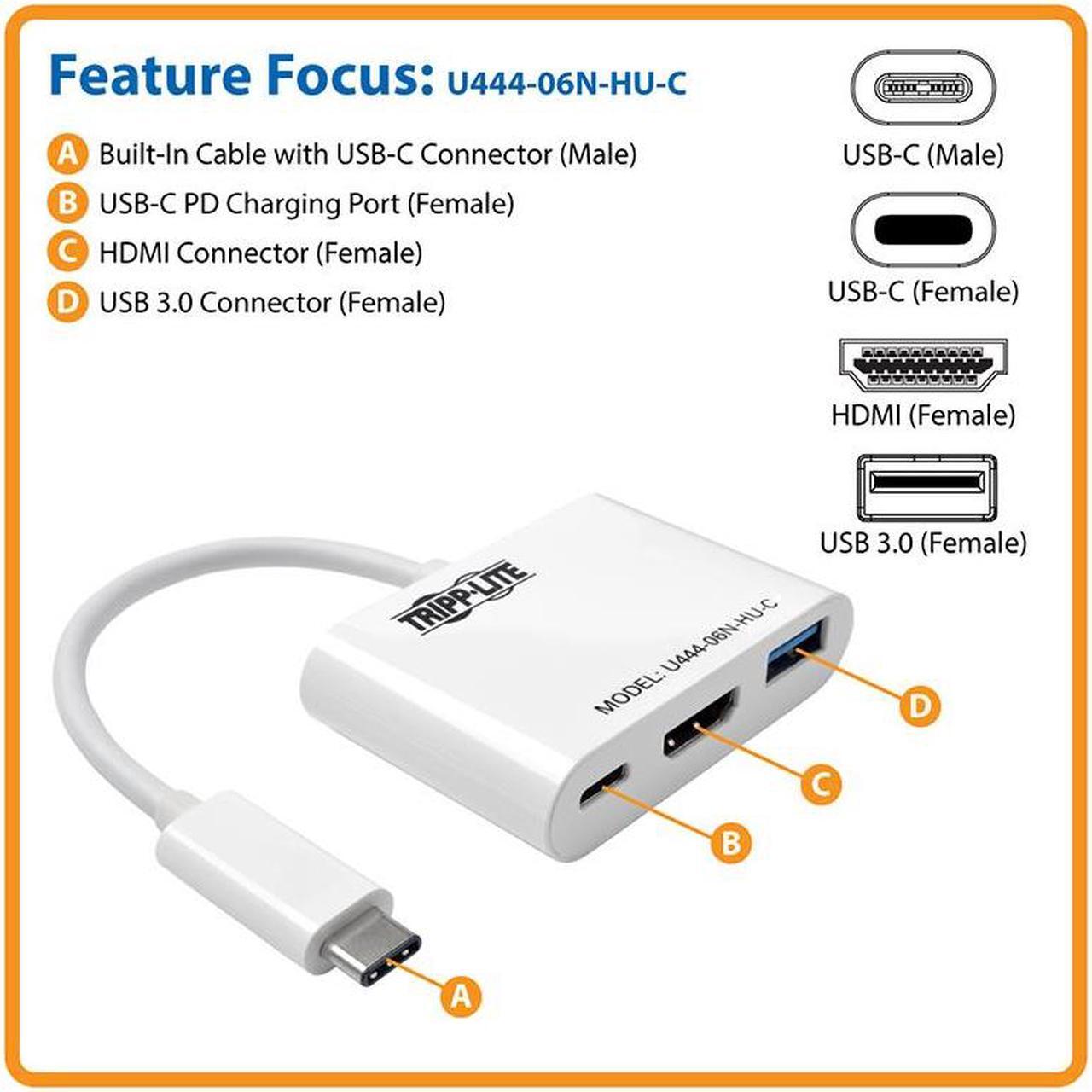 Alt view image 4 of 20 - Tripp Lite USB C to HDMI Multiport Adapter w/PD Charging USB Type C to HDMI (U444-06N-HU-C)