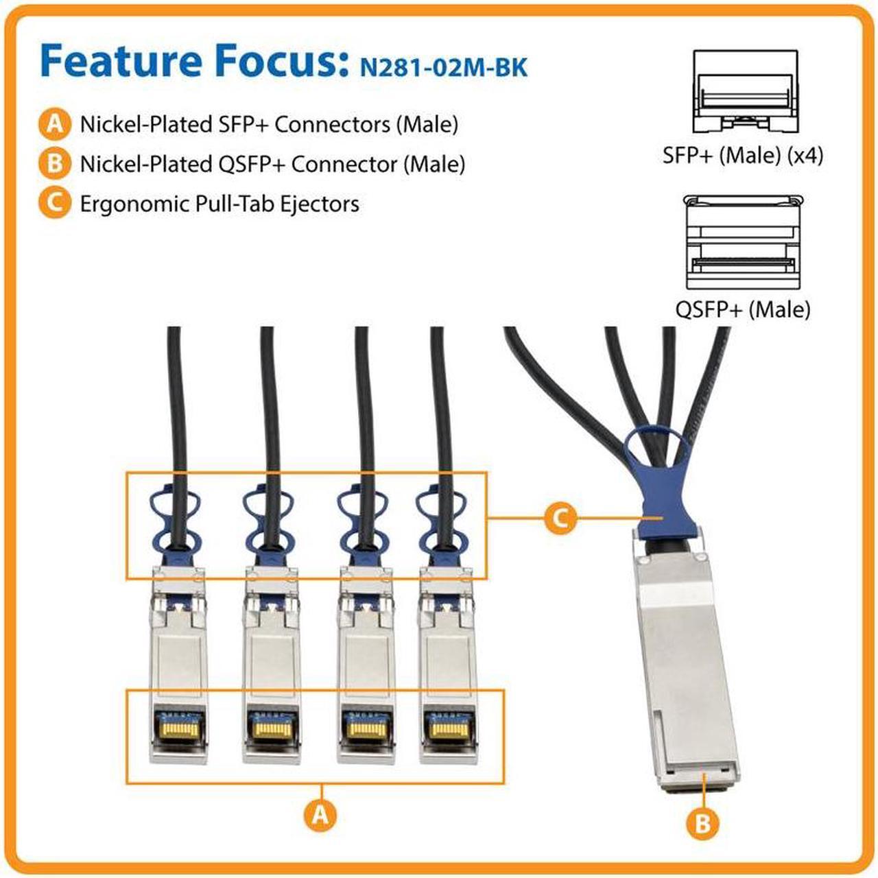 Alt view image 3 of 10 - TRIPP LITE N281-02M-BK 40GbE QSFP+ to 10GbE SFP+ Passive Copper Breakout Cable 2M 6.5'
