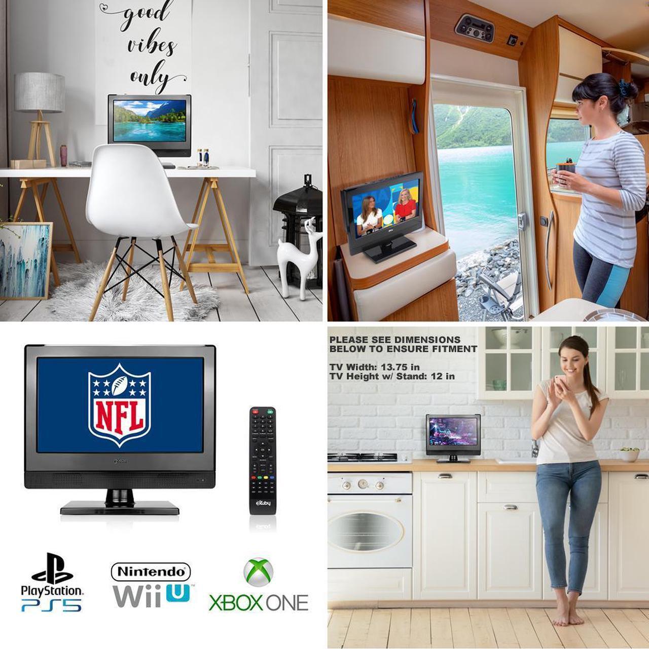 Alt view image 3 of 7 - eXuby Small Flat Screen TV - Perfect For Kitchen, 13.3 inch LED, Watch HDTV Anywhere for RV, Office & More Free HD Local Channels TV - Includes 35mi Range Flat Antenna