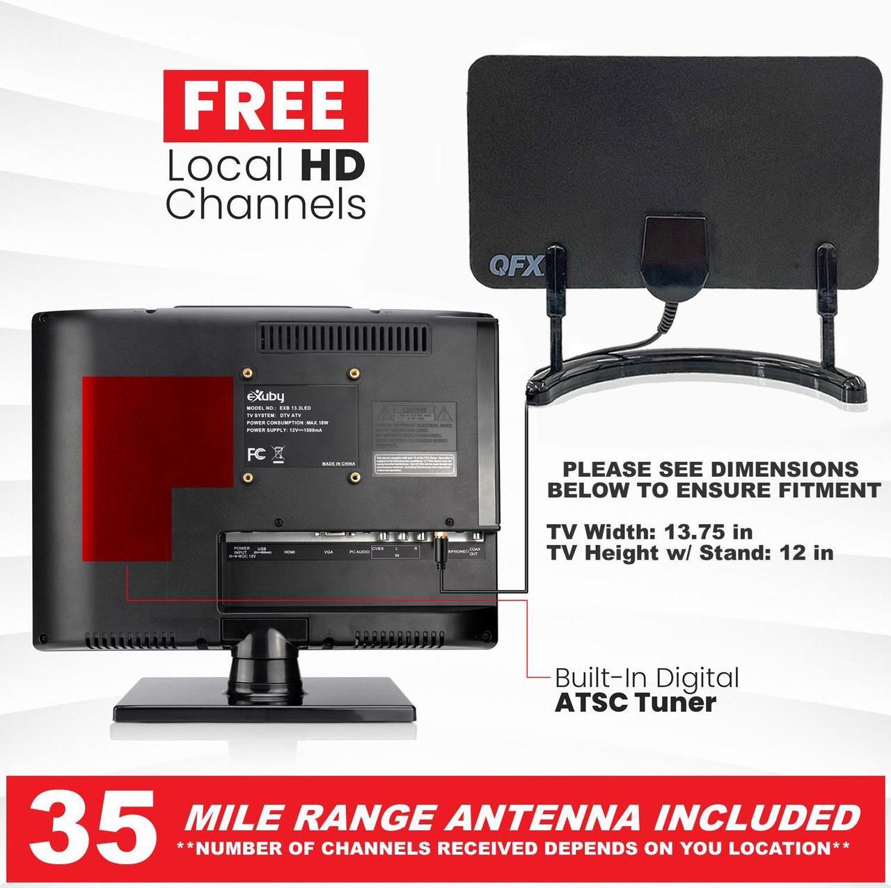 Alt view image 5 of 7 - eXuby Small Flat Screen TV - Perfect For Kitchen, 13.3 inch LED, Watch HDTV Anywhere for RV, Office & More Free HD Local Channels TV - Includes 35mi Range Flat Antenna
