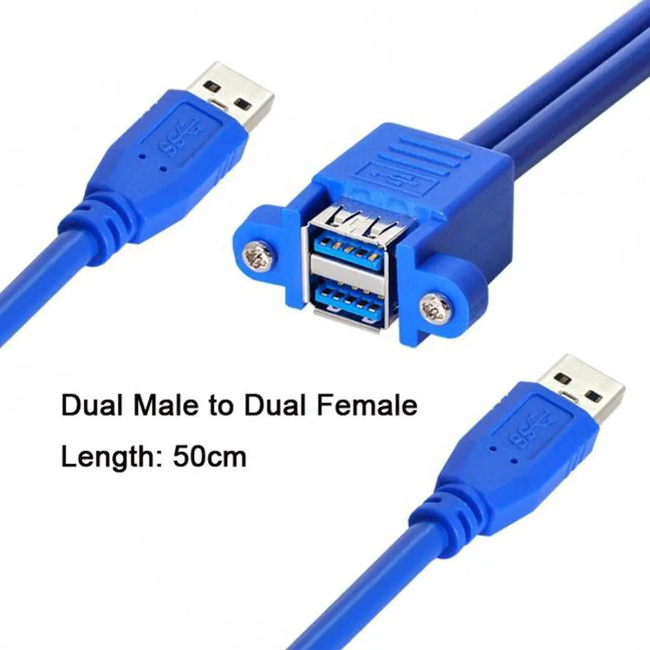Alt view image 6 of 7 - Cablecc Combo Dual USB 3.0 Male to Stackable Female Extension Cable 50cm with Screw Panel Mount Holes