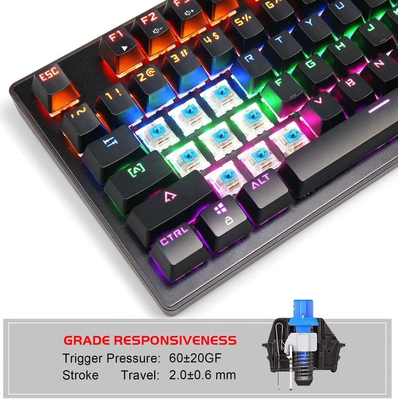 Alt view image 3 of 7 - Mechanical Gaming Keyboard, 87 Keys Multicolour Backlit Keyboard, Black Computer Keyboard USB Wired Keyboard for Windows PC Gamers (Anivia MK1)