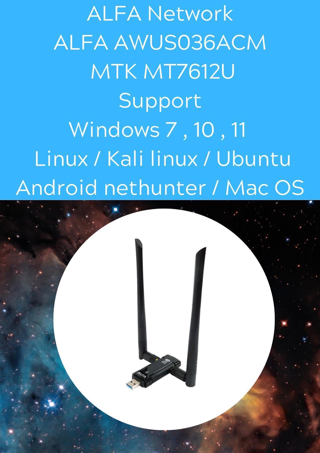 Main image of ALFA AWUS036ACM 802.11ac MTK MT7612U chipset Wireless USB Adapter support Windows 11 Kali linux Ubuntu Android Nethunter