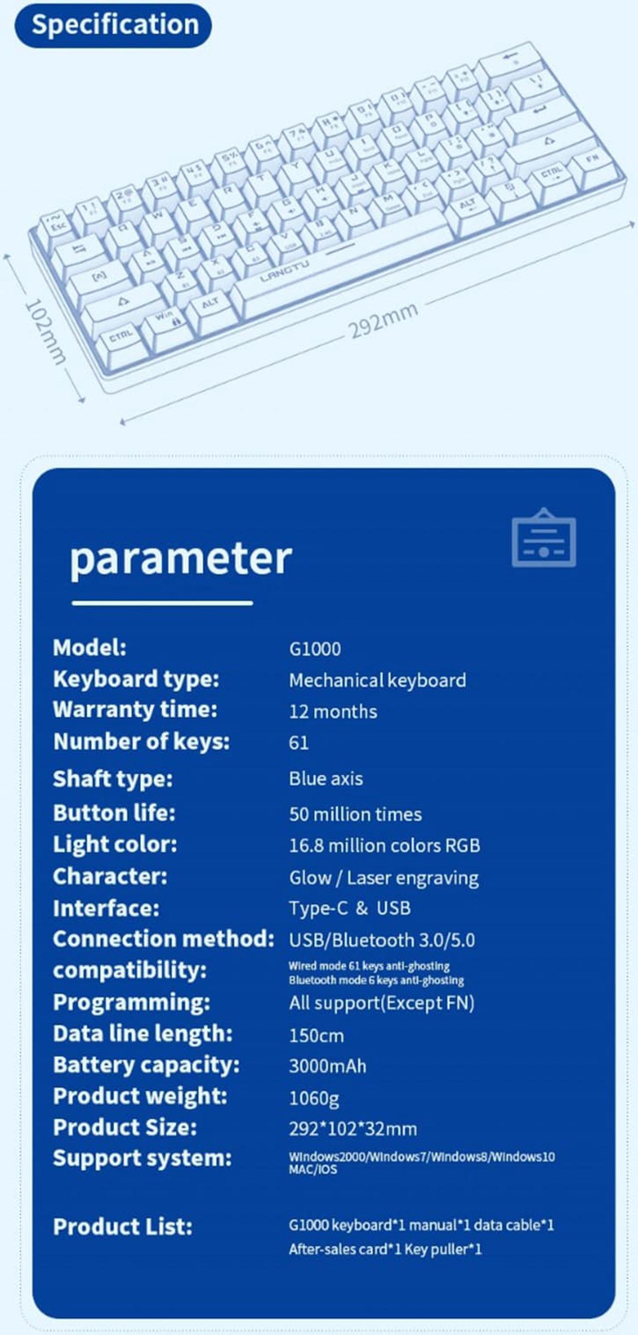 Alt view image 7 of 7 - Langtu 61-key RGB three-mode true mechanical wireless bluetooth keyboard tablet mobile phone portable charging