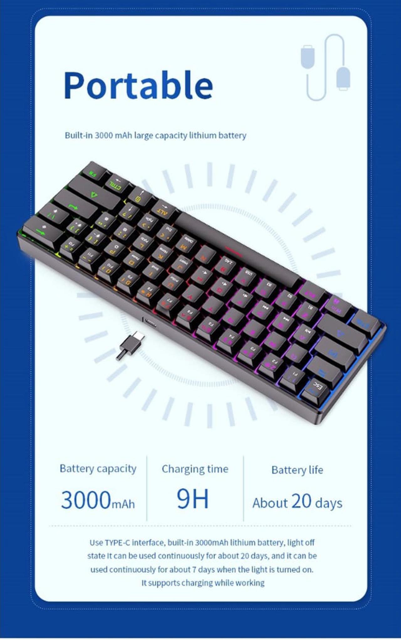 Alt view image 2 of 7 - Langtu 61-key RGB three-mode true mechanical wireless bluetooth keyboard tablet mobile phone portable charging