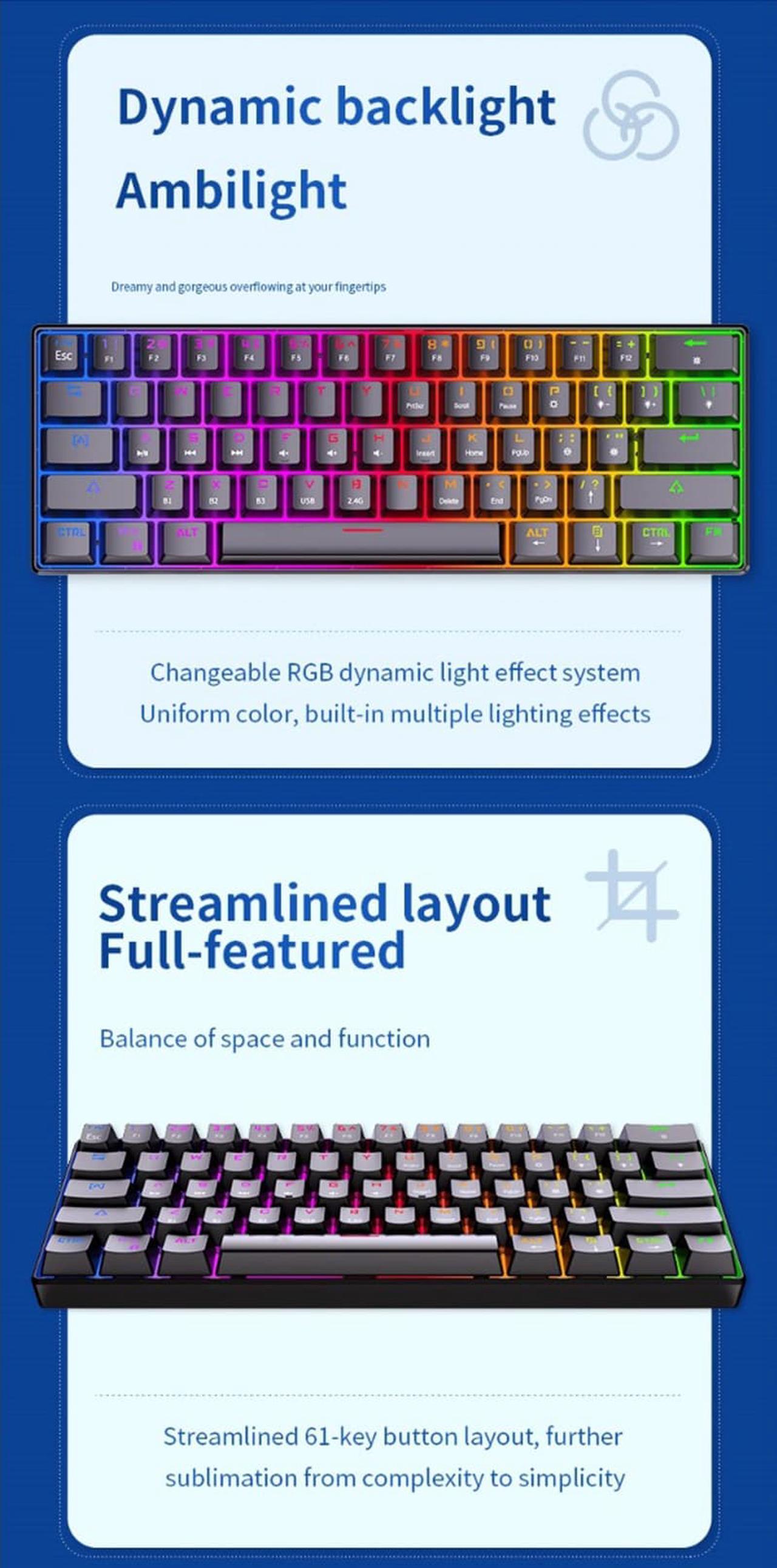 Alt view image 3 of 7 - Langtu 61-key RGB three-mode true mechanical wireless bluetooth keyboard tablet mobile phone portable charging