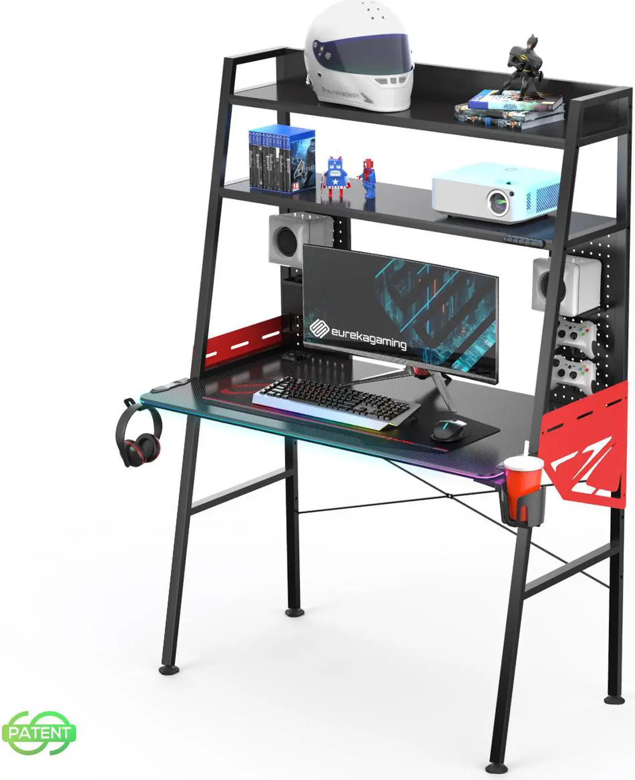 Main image of EUREKA ERGONOMIC 43 Inch Black RGB LED Gaming Ladder Desk, Home Office Computer Desks for Small Spaces with 2 Tier Storage Book Shelves Pegboard Organizer with Accessories Cup Holder Headphone Hook