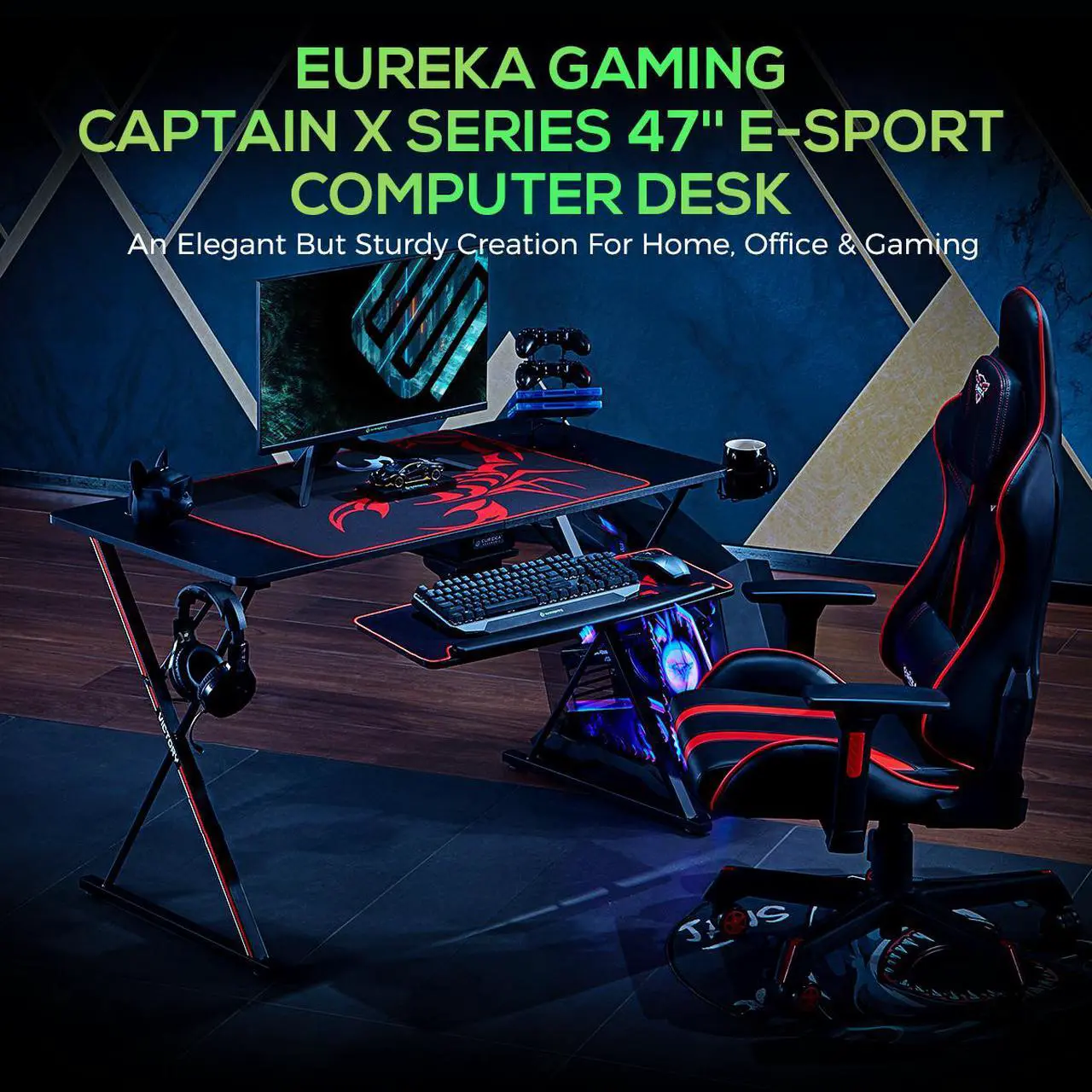 Alt view image 5 of 7 - EUREKA ERGONOMIC Gaming Desk 47" Home Office Gaming Computer Desk, X Shaped Gamer Workstation PC Table with Controller Stand Cup Holder Headphone Hook Free Mousepad, Black