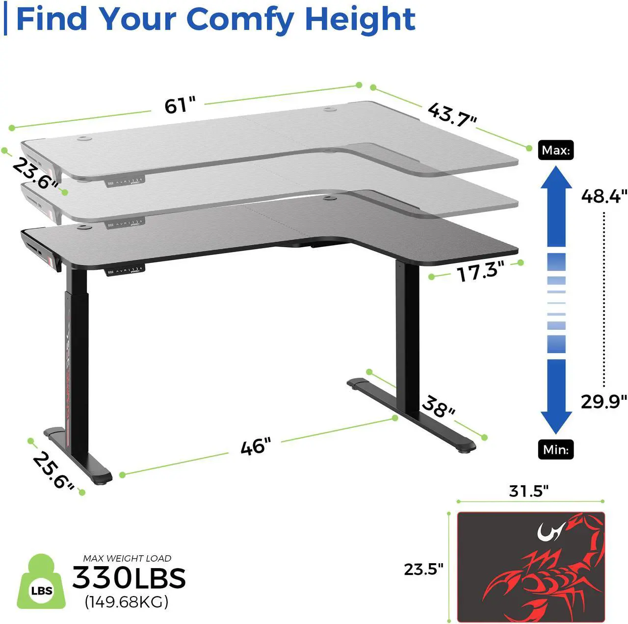 Alt view image 6 of 6 - Eureka Ergonomic® L Shaped Electric Standing Desk 61", Electric Height Adjustable Stand Up Desk for Home Office Workstation, Black, Right Side