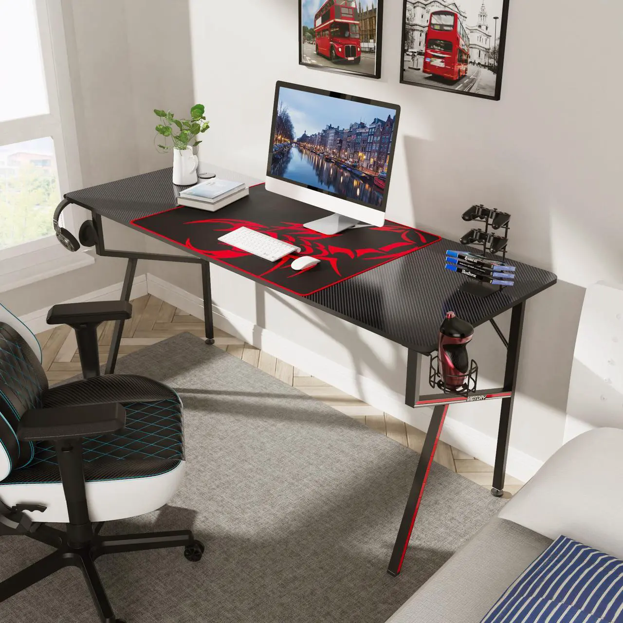 Alt view image 5 of 6 - Eureka Gaming® Captain K Series 63'' E-sport Desk, Home Office Gaming Computer Desk, K Shaped Gamer Workstation with Free Controller Stand, Cup Holder, Headphone Hook & Mousepad, Black