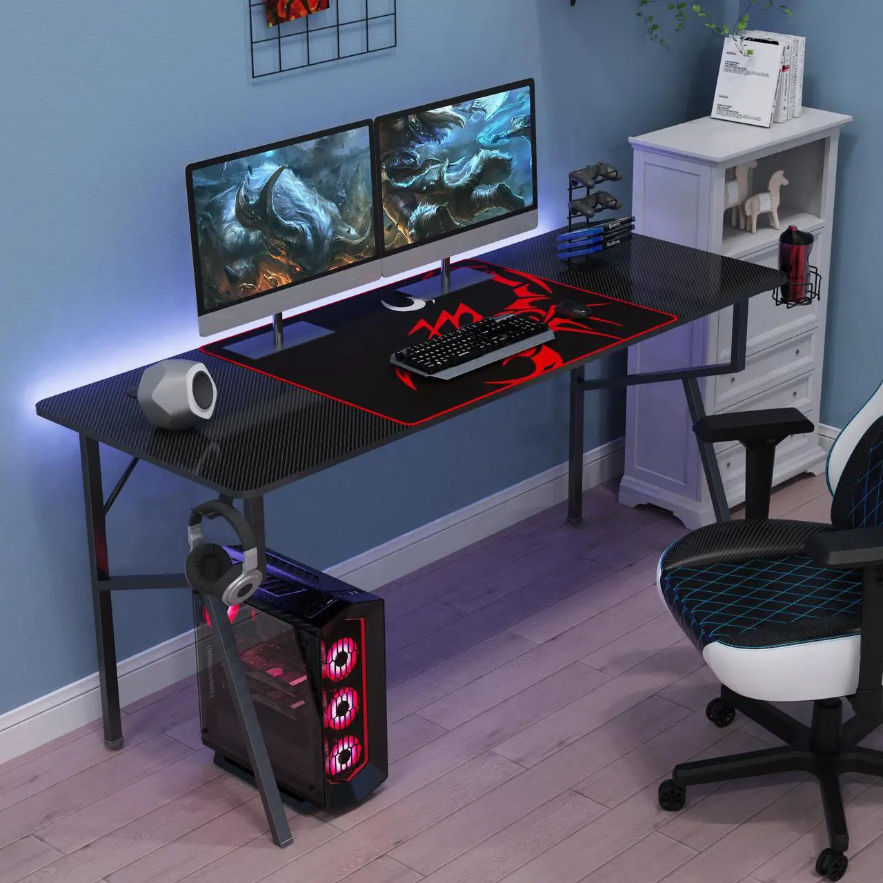 Alt view image 4 of 6 - Eureka Gaming® Captain K Series 63'' E-sport Desk, Home Office Gaming Computer Desk, K Shaped Gamer Workstation with Free Controller Stand, Cup Holder, Headphone Hook & Mousepad, Black