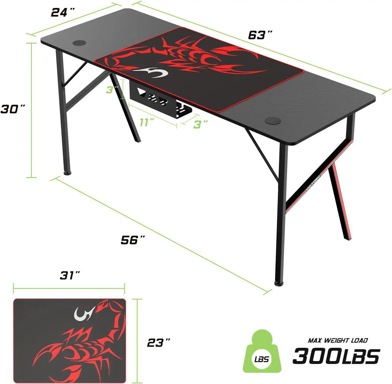 Alt view image 6 of 6 - Eureka Gaming® Captain K Series 63'' E-sport Desk, Home Office Gaming Computer Desk, K Shaped Gamer Workstation with Free Controller Stand, Cup Holder, Headphone Hook & Mousepad, Black