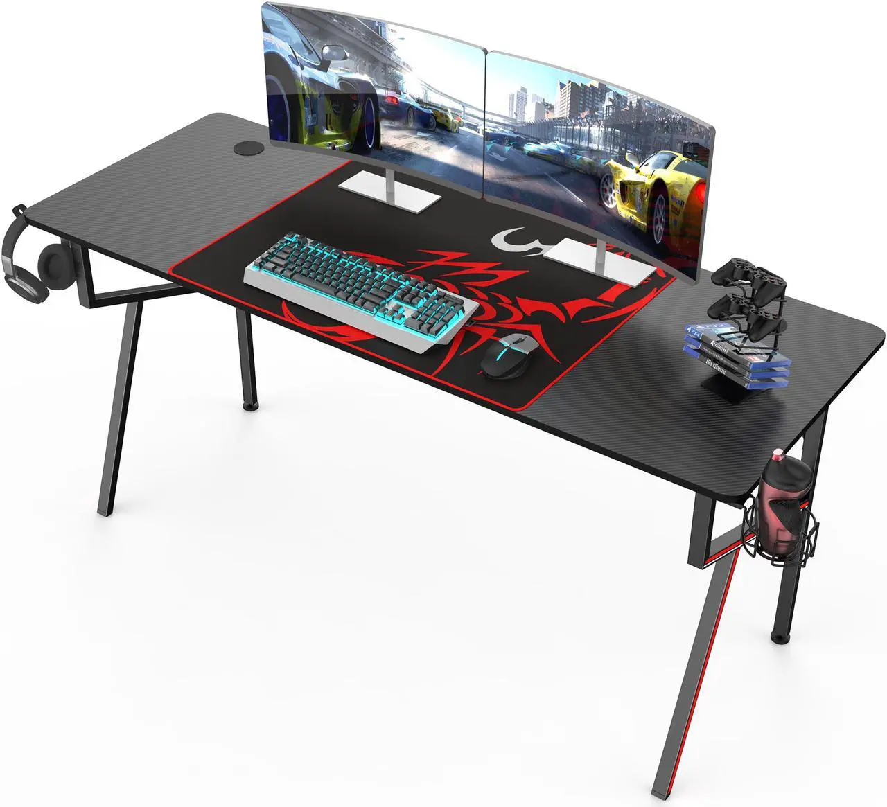 Main image of Eureka Gaming® Captain K Series 63'' E-sport Desk, Home Office Gaming Computer Desk, K Shaped Gamer Workstation with Free Controller Stand, Cup Holder, Headphone Hook & Mousepad, Black