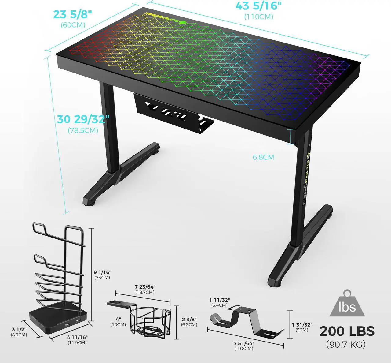 Alt view image 8 of 7 - EUREKA ERGONOMIC 43 inch RGB Gaming Desk,  Home Office Computer Desk with LED Lights APP Control Music Sync Color Changing, Free Handle Rack, Cup Holder and headphone Hook, Black