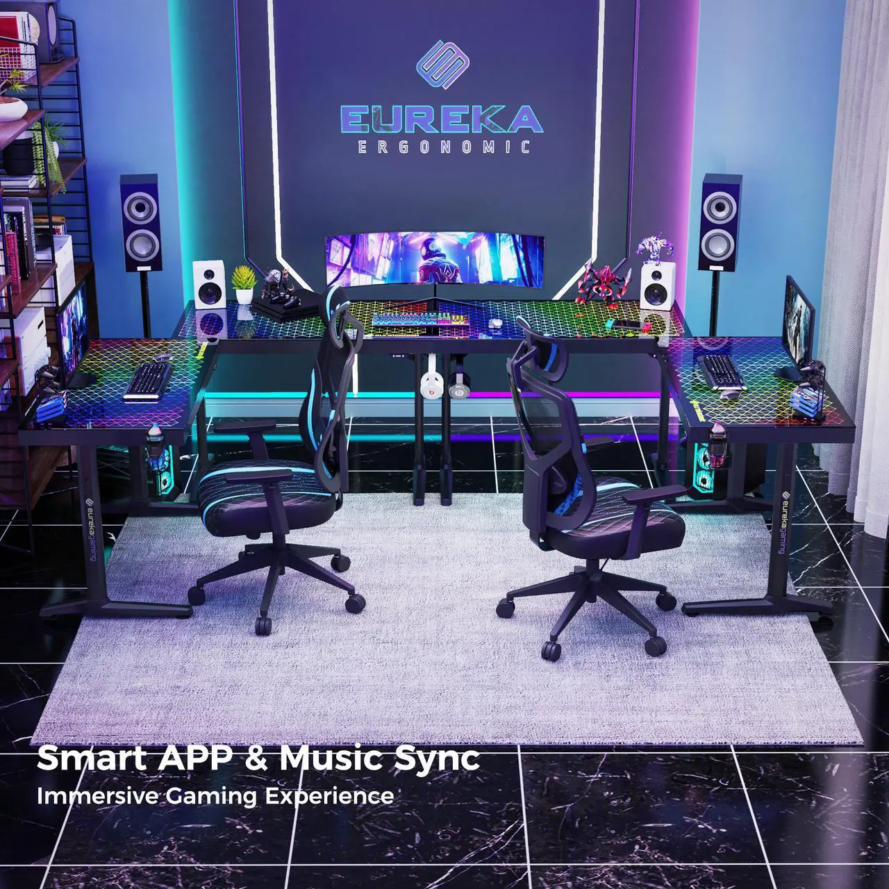 Alt view image 3 of 7 - EUREKA ERGONOMIC 43 inch RGB Gaming Desk,  Home Office Computer Desk with LED Lights APP Control Music Sync Color Changing, Free Handle Rack, Cup Holder and headphone Hook, Black