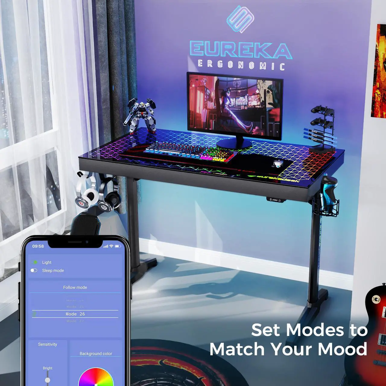 Alt view image 6 of 7 - EUREKA ERGONOMIC 43 inch RGB Gaming Desk,  Home Office Computer Desk with LED Lights APP Control Music Sync Color Changing, Free Handle Rack, Cup Holder and headphone Hook, Black