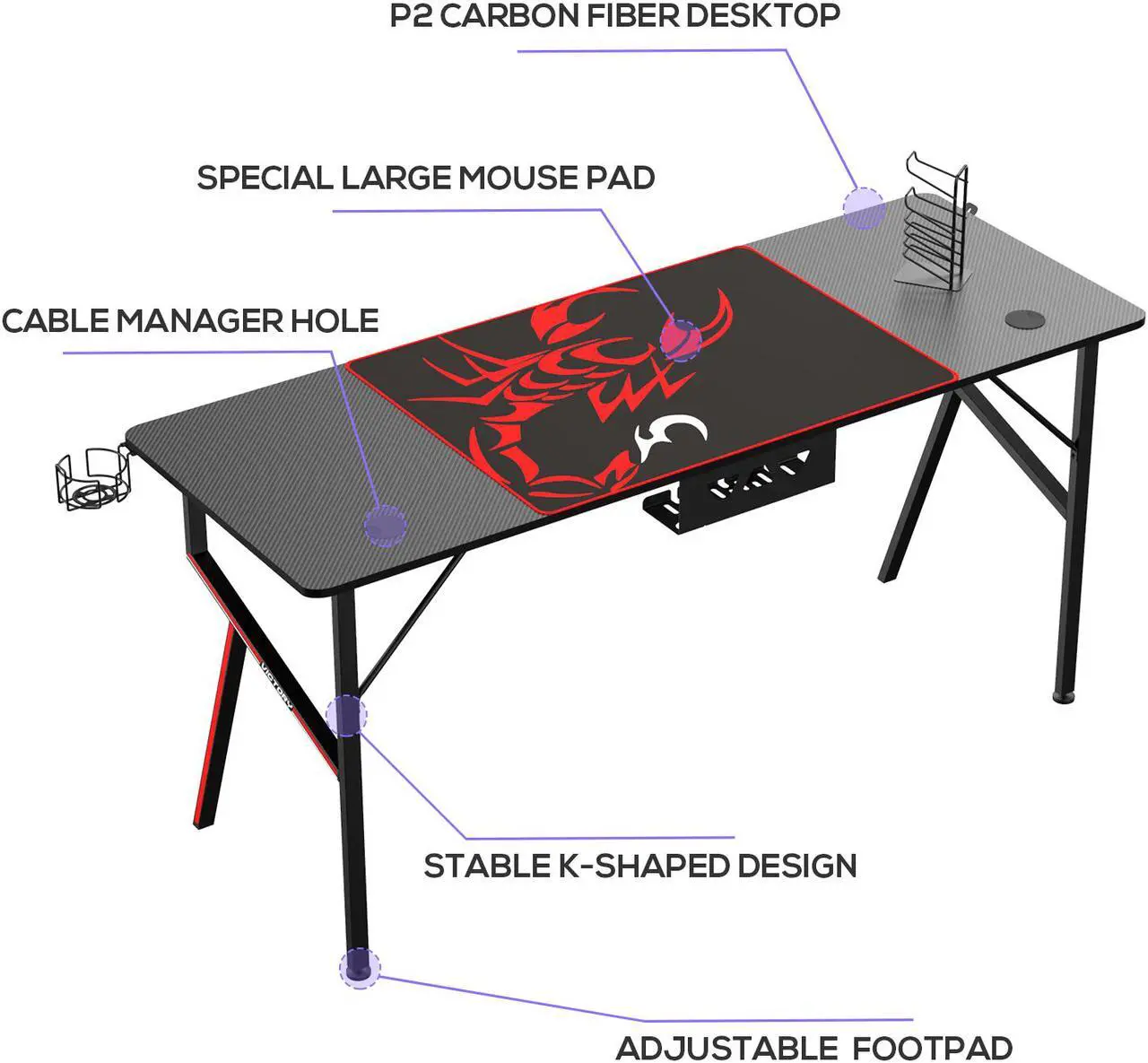 Alt view image 2 of 6 - Eureka Gaming® Captain K Series 63'' E-sport Desk, Home Office Gaming Computer Desk, K Shaped Gamer Workstation with Free Controller Stand, Cup Holder, Headphone Hook & Mousepad, Black