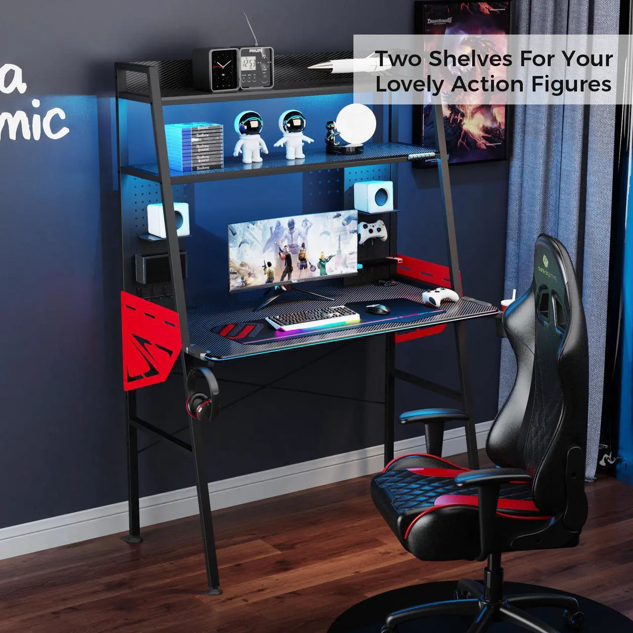 Alt view image 2 of 7 - EUREKA ERGONOMIC 43 Inch Black RGB LED Gaming Ladder Desk, Home Office Computer Desks for Small Spaces with 2 Tier Storage Book Shelves Pegboard Organizer with Accessories Cup Holder Headphone Hook