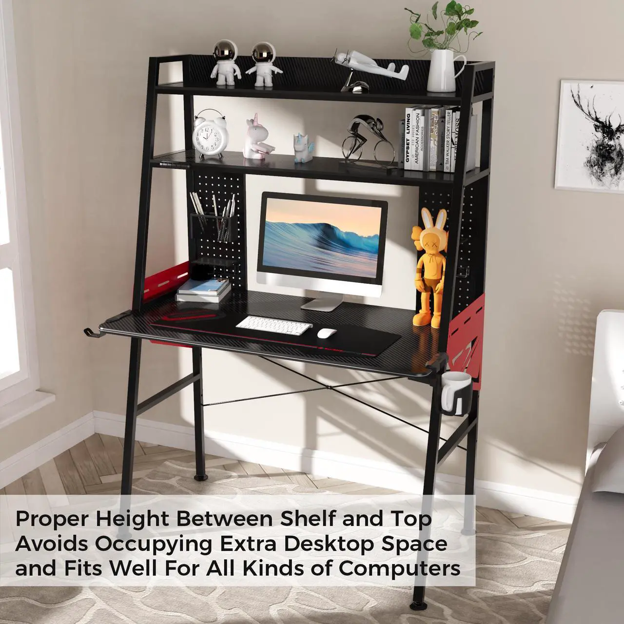 Alt view image 3 of 7 - EUREKA ERGONOMIC 43 Inch Black RGB LED Gaming Ladder Desk, Home Office Computer Desks for Small Spaces with 2 Tier Storage Book Shelves Pegboard Organizer with Accessories Cup Holder Headphone Hook