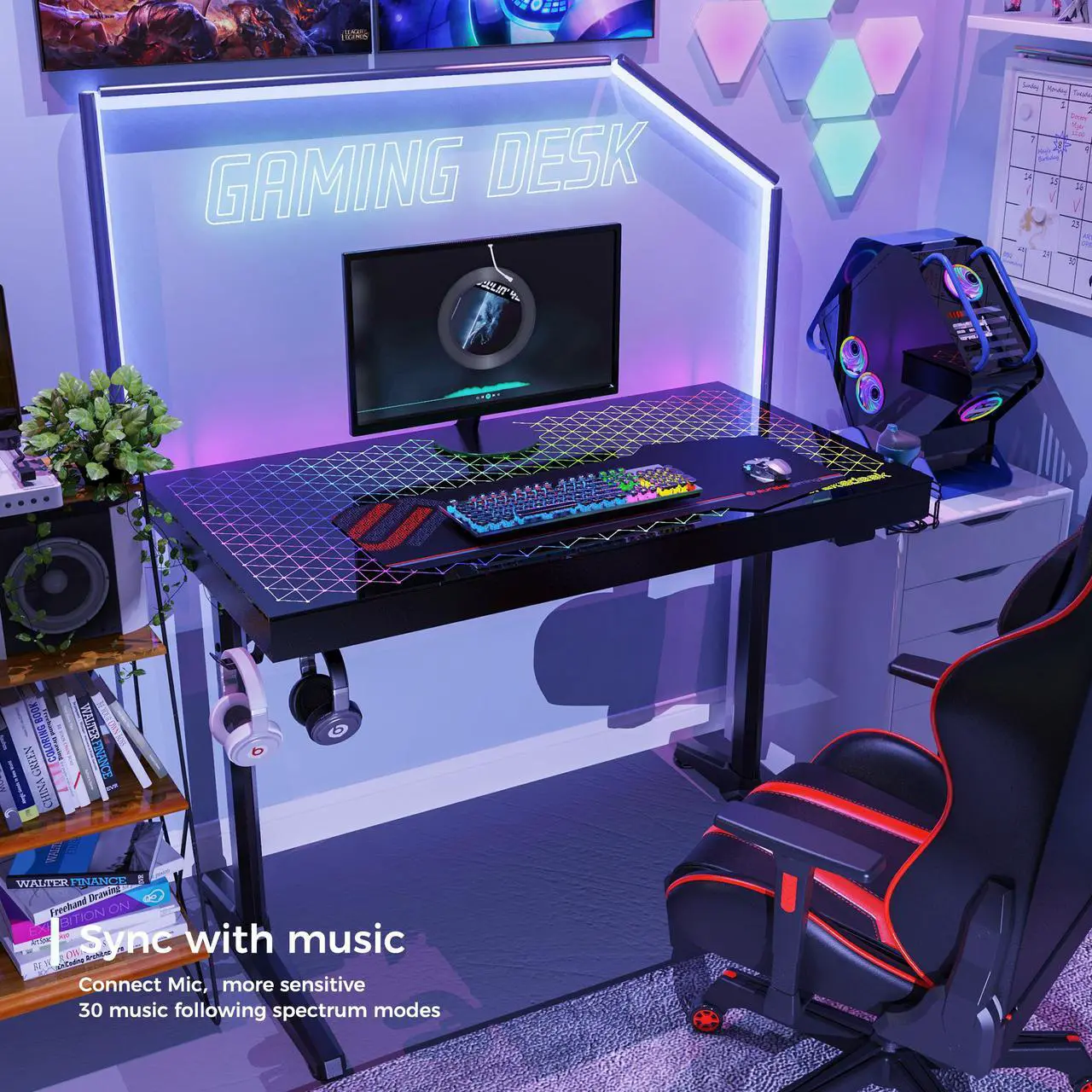 Main image of EUREKA ERGONOMIC 43 inch RGB Gaming Desk,  Home Office Computer Desk with LED Lights APP Control Music Sync Color Changing, Free Handle Rack, Cup Holder and headphone Hook, Black