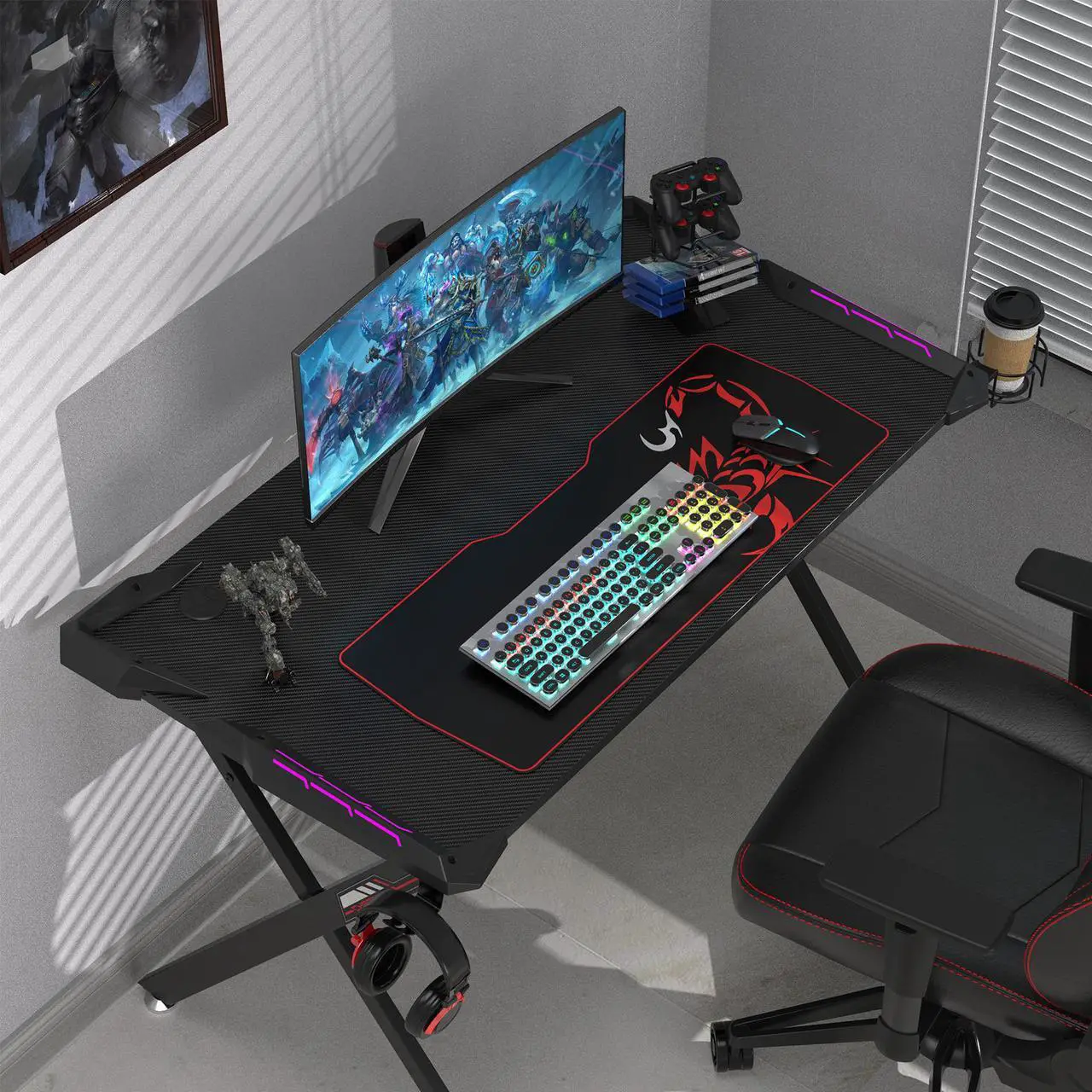 Alt view image 3 of 7 - EUREKA ERGONOMIC Gaming Desk with RGB LED Lights, 45 inch Gaming Computer Desk PC Gaming Table Desk Gamer Workstation with Surface Cup Holder Headphone Hook,Black