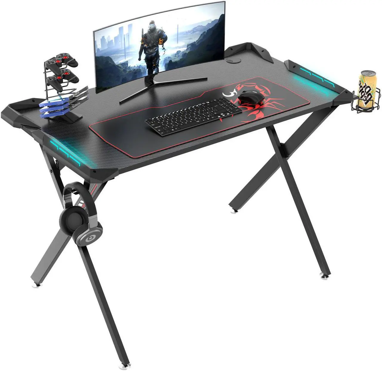 Alt view image 2 of 7 - EUREKA ERGONOMIC Gaming Desk with RGB LED Lights, 45 inch Gaming Computer Desk PC Gaming Table Desk Gamer Workstation with Surface Cup Holder Headphone Hook,Black