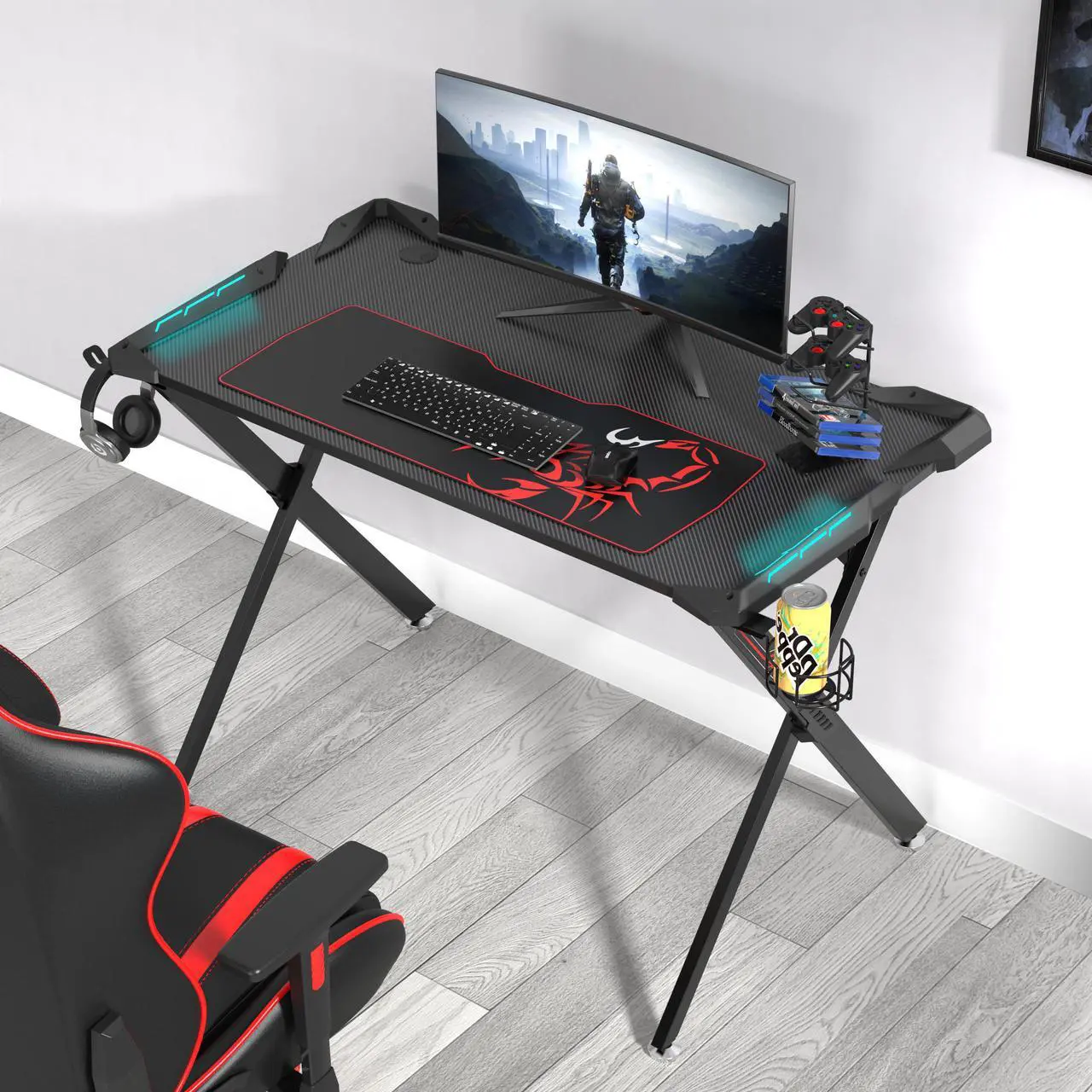 Alt view image 4 of 7 - EUREKA ERGONOMIC Gaming Desk with RGB LED Lights, 45 inch Gaming Computer Desk PC Gaming Table Desk Gamer Workstation with Surface Cup Holder Headphone Hook,Black