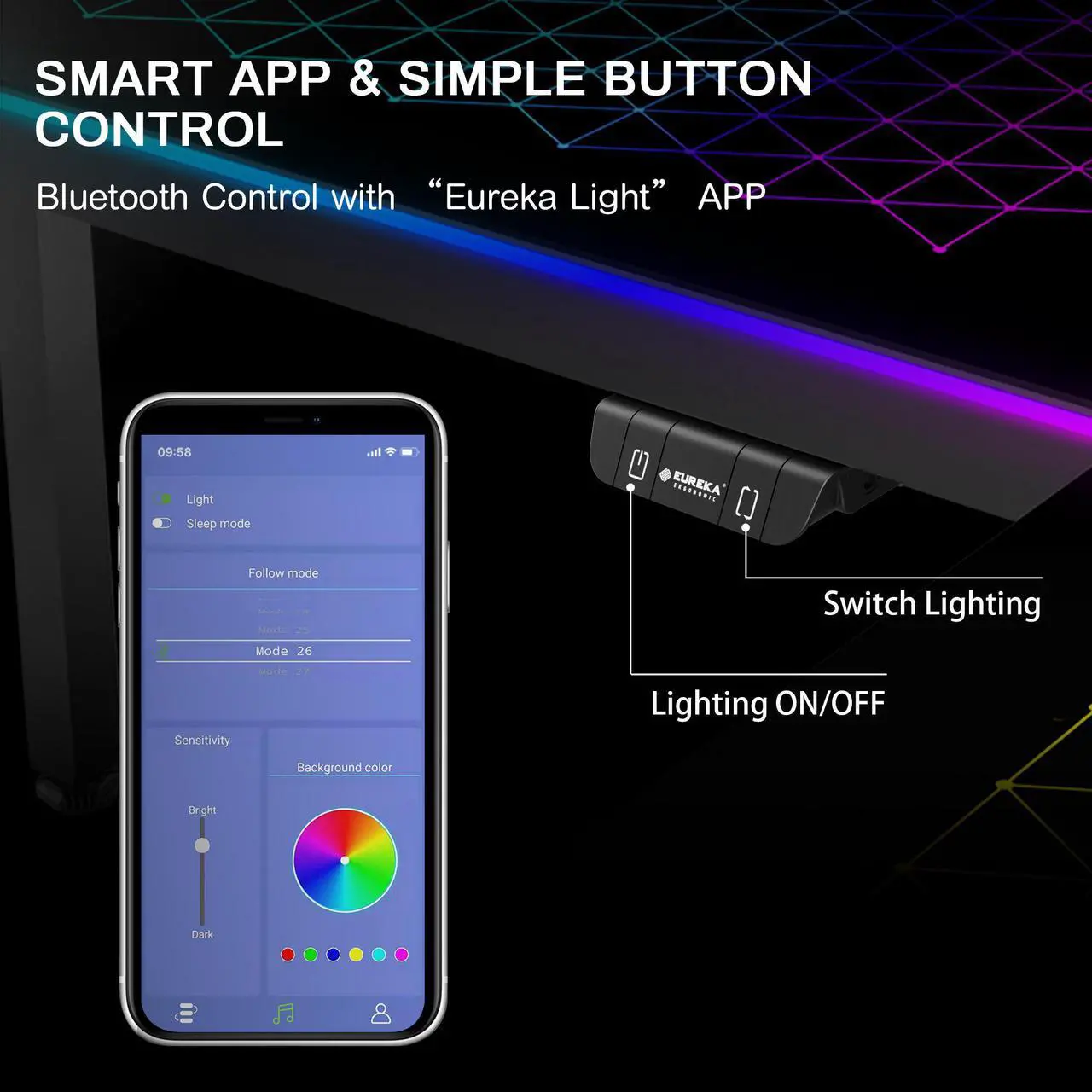 Alt view image 4 of 7 - EUREKA ERGONOMIC 60" Reversible L Shaped Spectrum RGB LED Gaming Desk, Music Sync Lights Up Tempered Glass Desktop GTG L60 Home Office Corner Computer Table W Cup Holder Headset Hook, Cable Ties