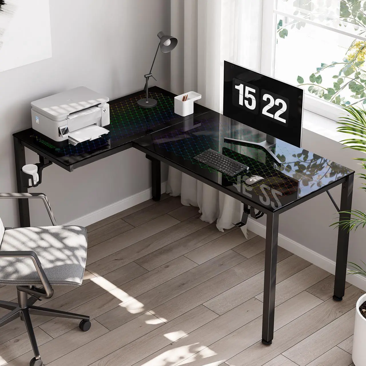 Alt view image 6 of 7 - EUREKA ERGONOMIC 60" Reversible L Shaped Spectrum RGB LED Gaming Desk, Music Sync Lights Up Tempered Glass Desktop GTG L60 Home Office Corner Computer Table W Cup Holder Headset Hook, Cable Ties