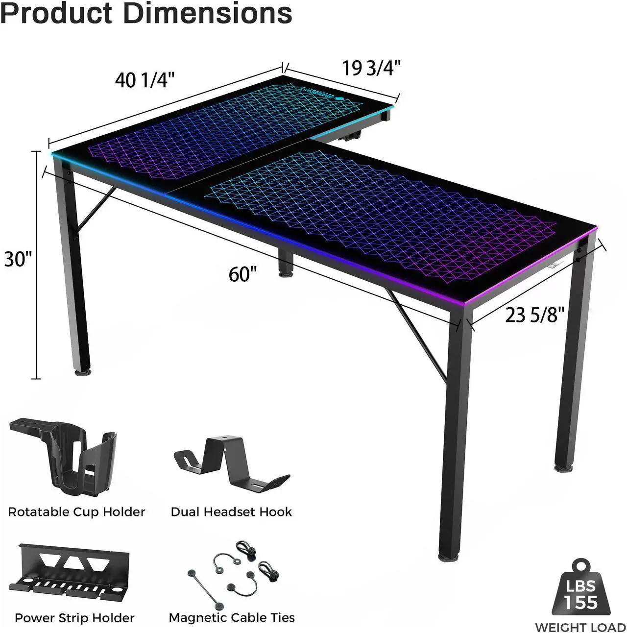 Alt view image 8 of 7 - EUREKA ERGONOMIC 60" Reversible L Shaped Spectrum RGB LED Gaming Desk, Music Sync Lights Up Tempered Glass Desktop GTG L60 Home Office Corner Computer Table W Cup Holder Headset Hook, Cable Ties