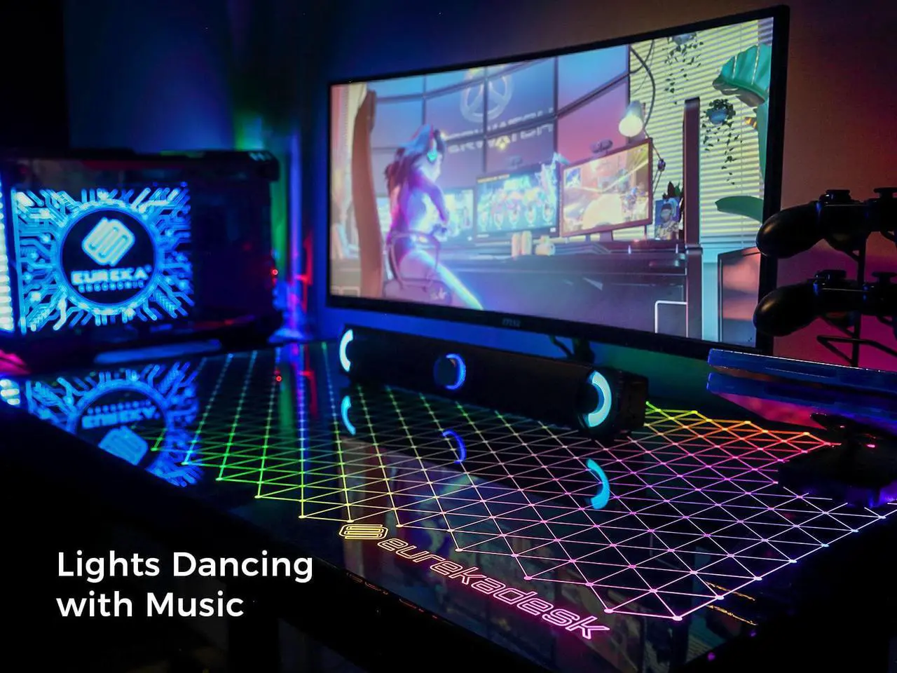 Alt view image 4 of 7 - EUREKA ERGONOMIC 43 inch RGB Gaming Desk,  Home Office Computer Desk with LED Lights APP Control Music Sync Color Changing, Free Handle Rack, Cup Holder and headphone Hook, Black